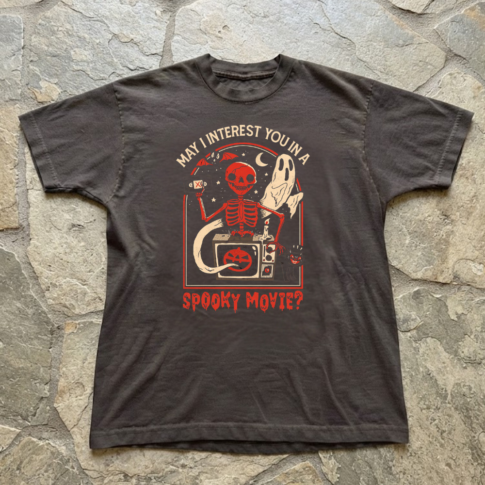 May I Interest You In A Spooky Movie? Skeleton Ghost Pumpkin Retro Brown T-Shirt